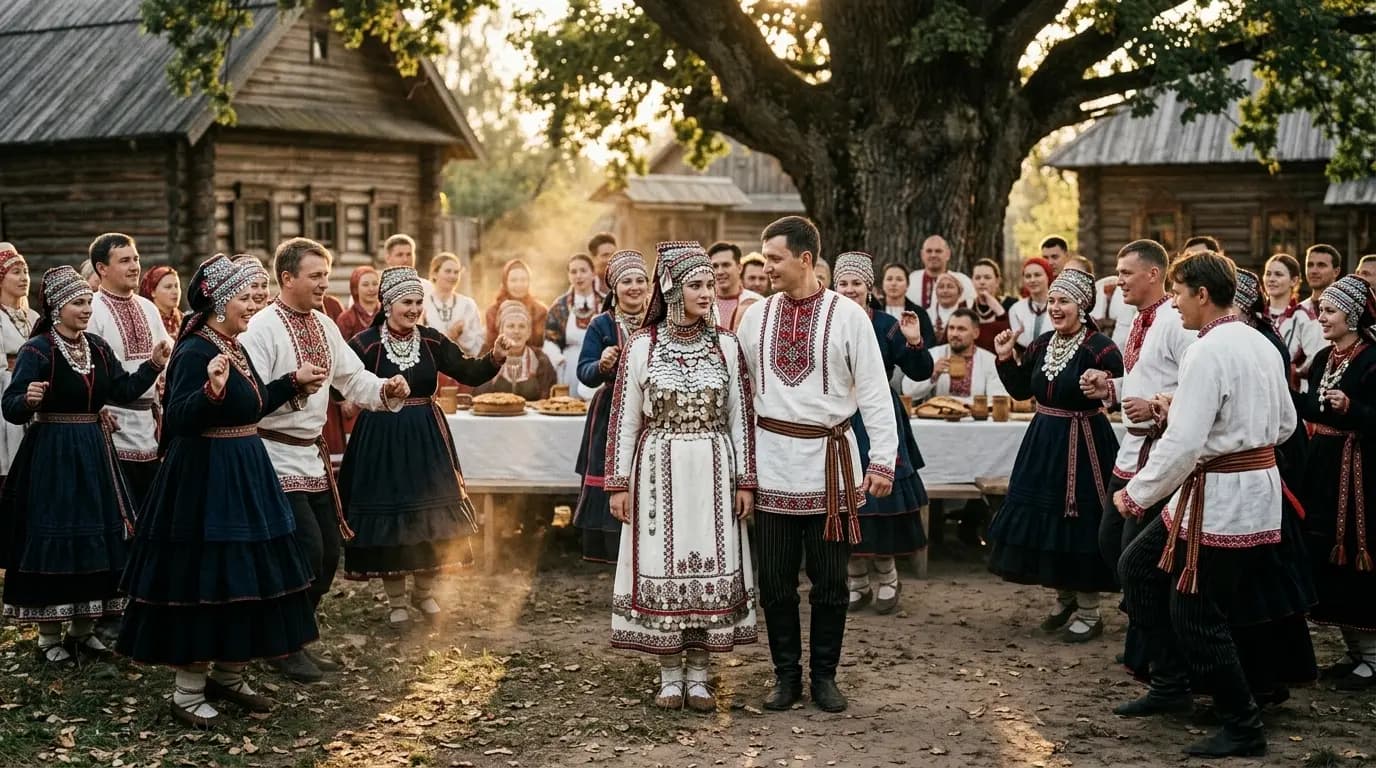 Праздник в народных костюмах у большого дерева